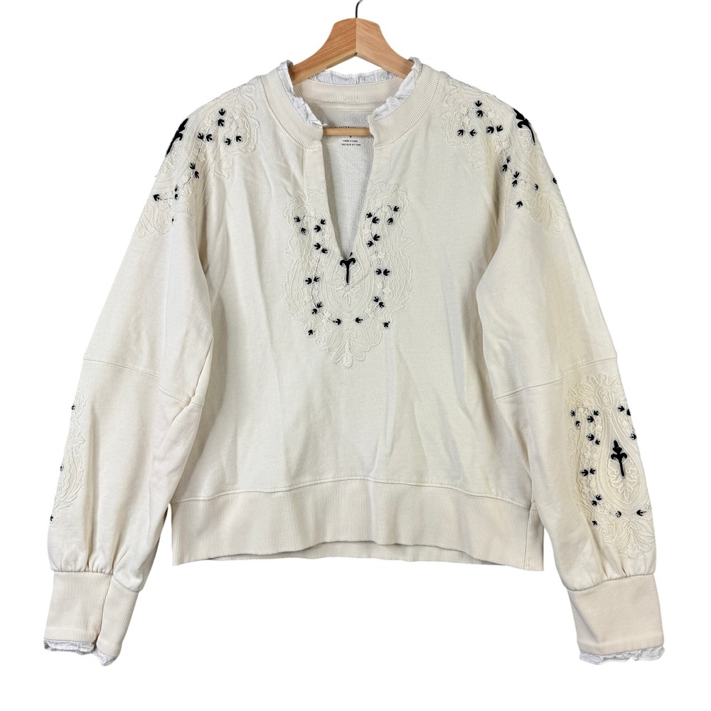 by Anthropologie Embroidered V-Neck Ruffle Sweatshirt Cream Ivory Small